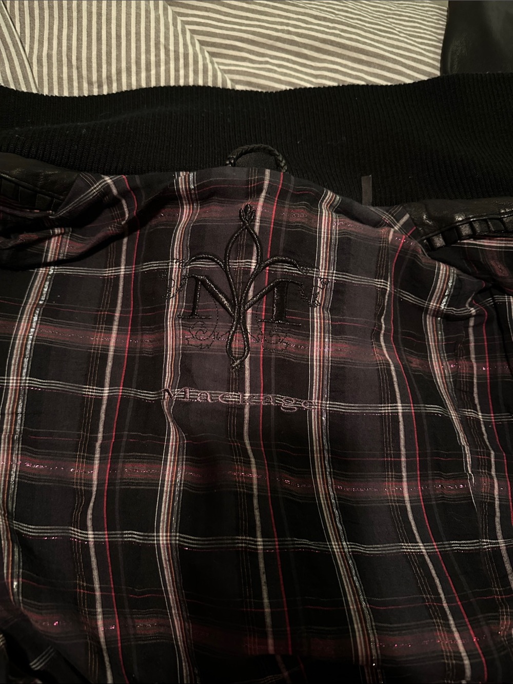 Mackage Black Plaid-Lined Leather Jacket with Embroidered Logo